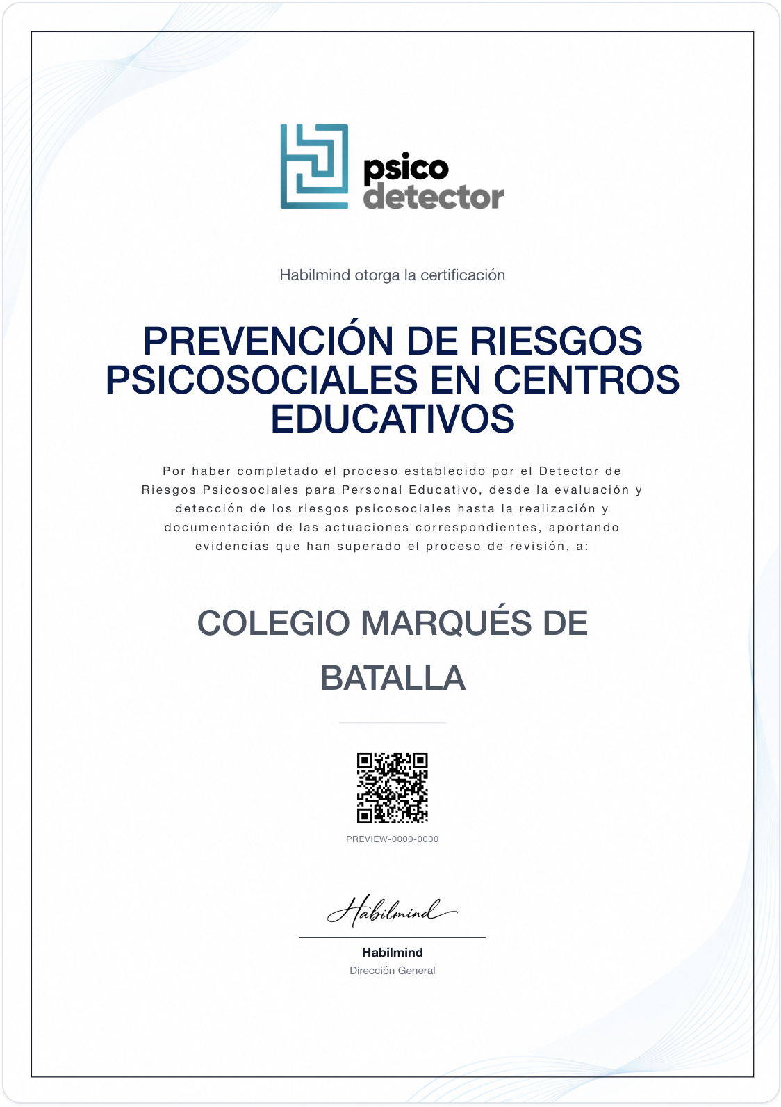 Ejemplo del Certificado de Prevención de Riesgos Psicosociales en centros educativos